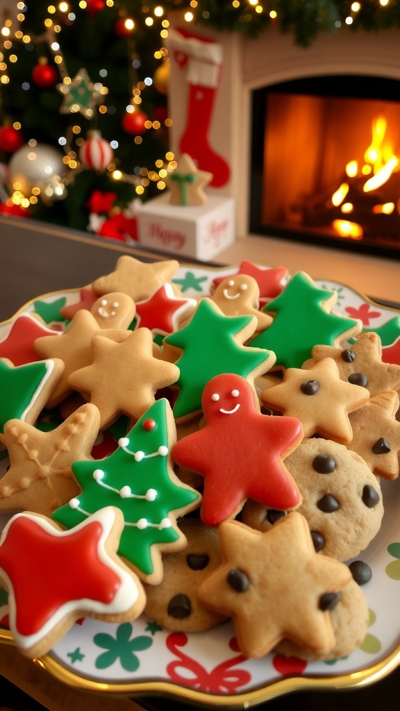 A platter of assorted Christmas cookies including sugar cookies, gingerbread men, and chocolate chip cookies, set against a festive background.